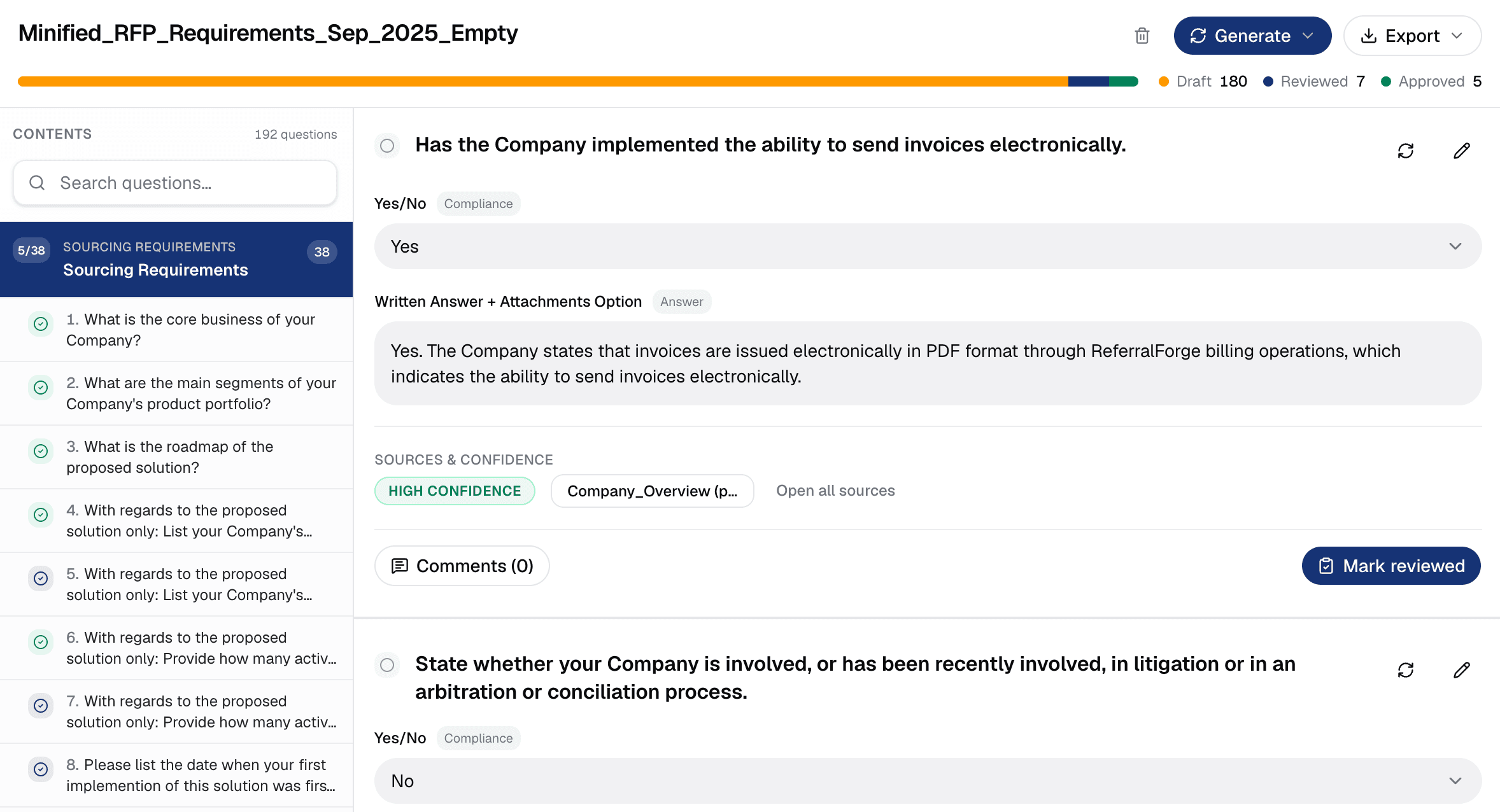 Screenshot of team review and sign-off before export or answer reuse.