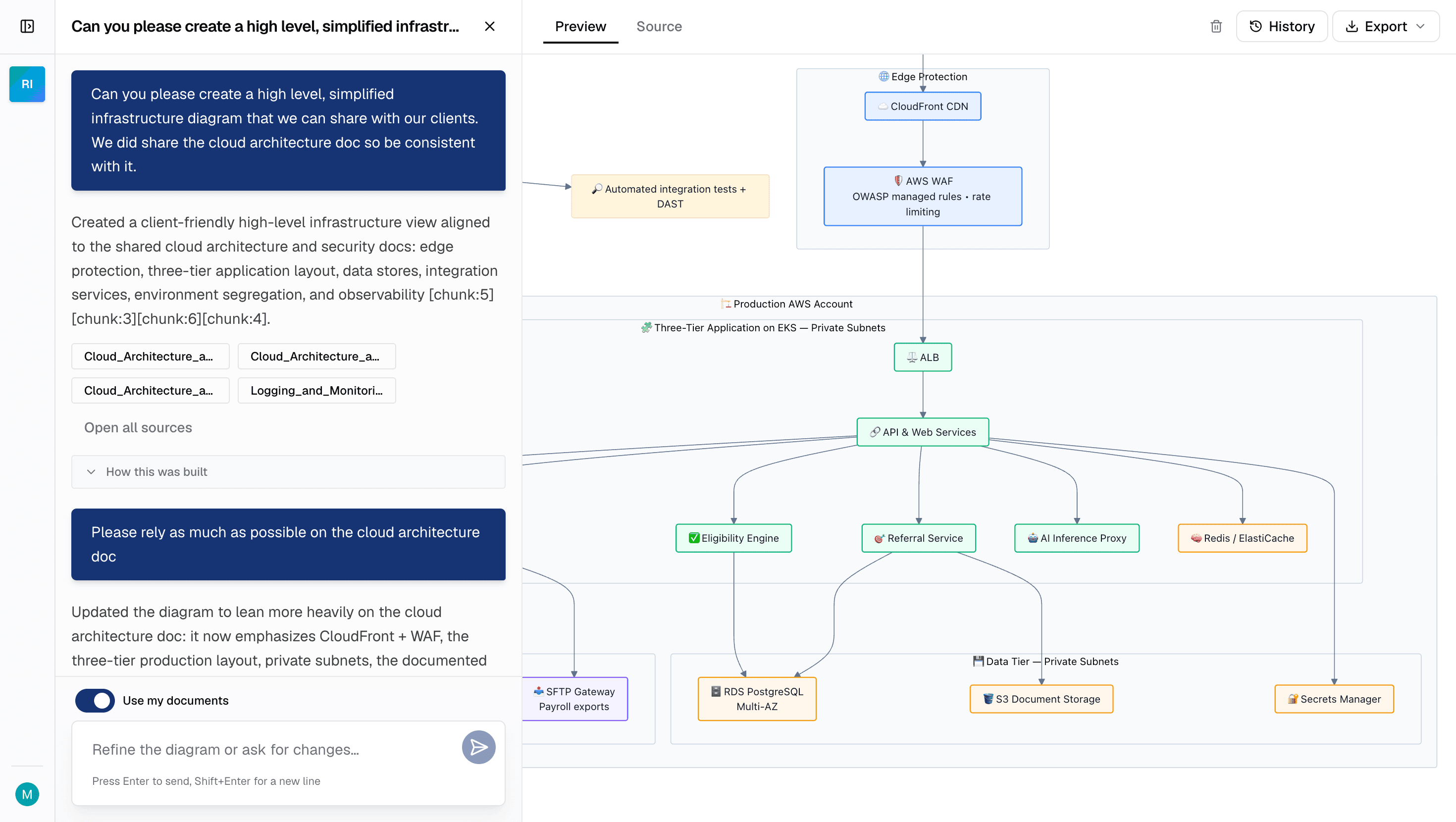 Screenshot of the diagram editor — a document-grounded diagram with the chat and version controls.
