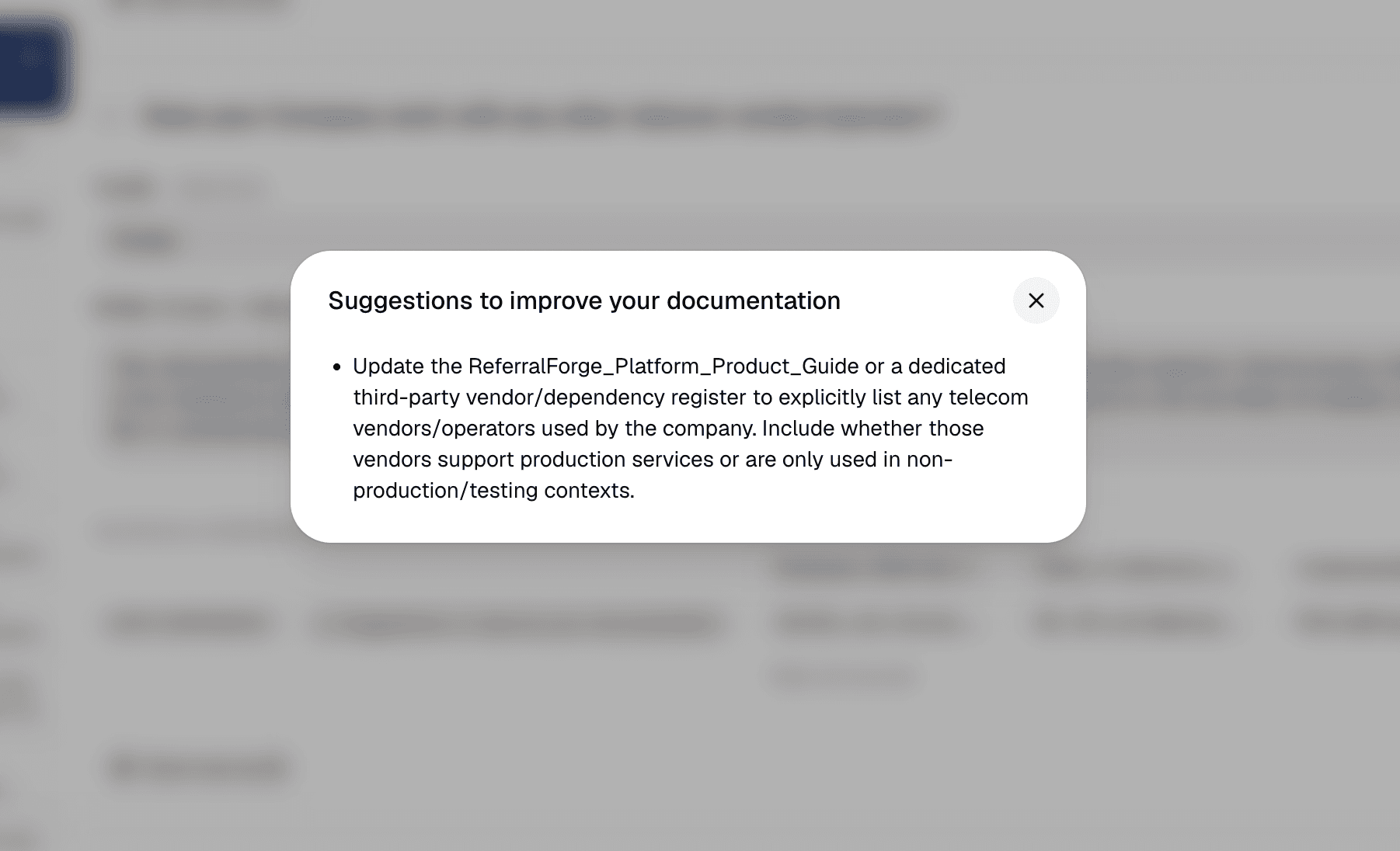 Screenshot of weak-answer flagging and documentation improvement suggestions.