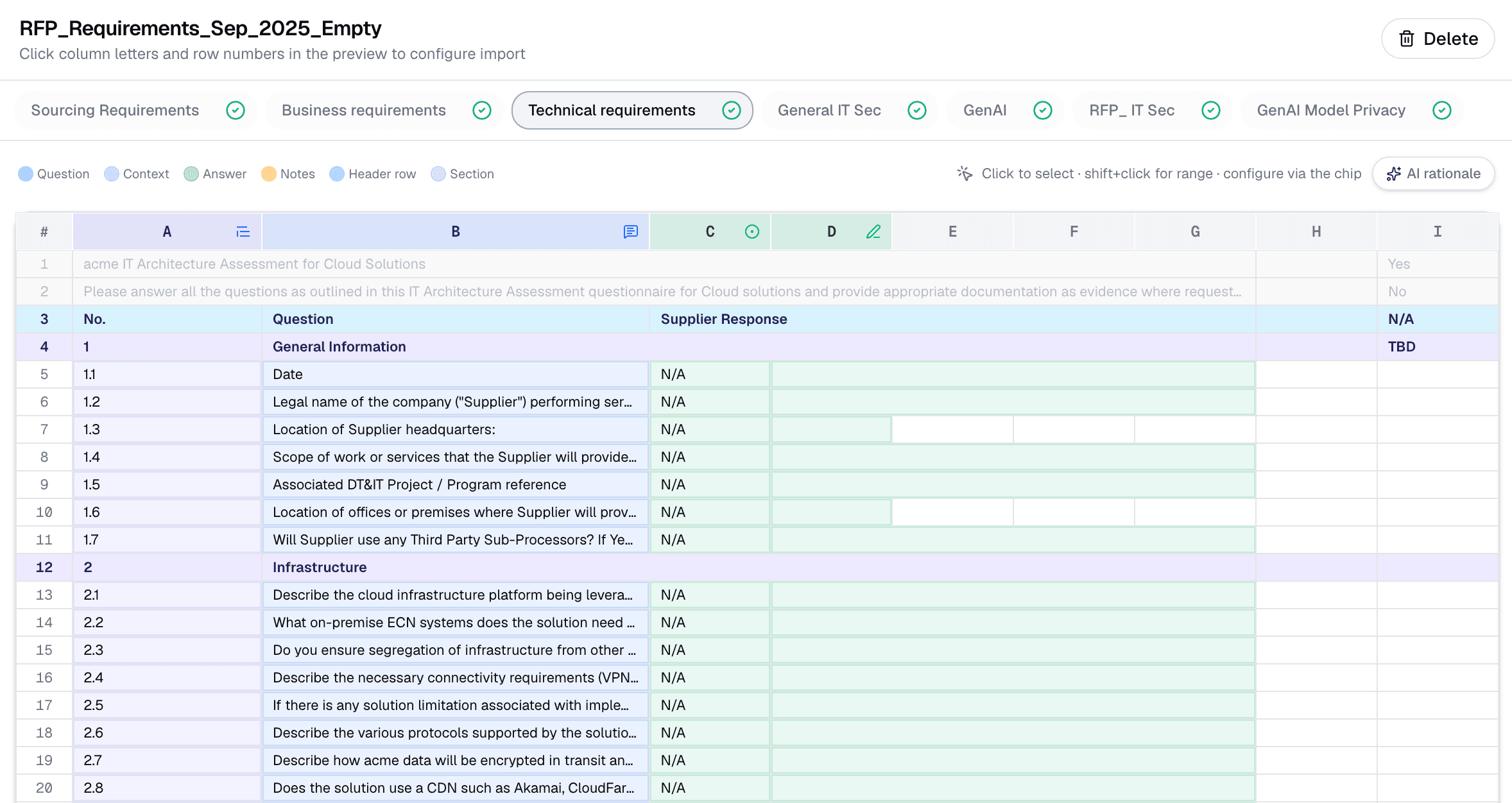 Screenshot of bulk questionnaire import (spreadsheet or portal export rows).